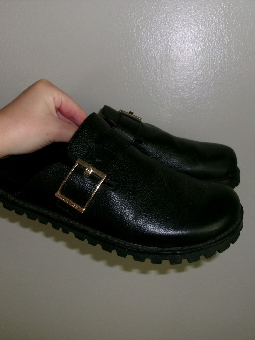 Micheal Kors Black Leather Slip-On Clog with Gold Buckles